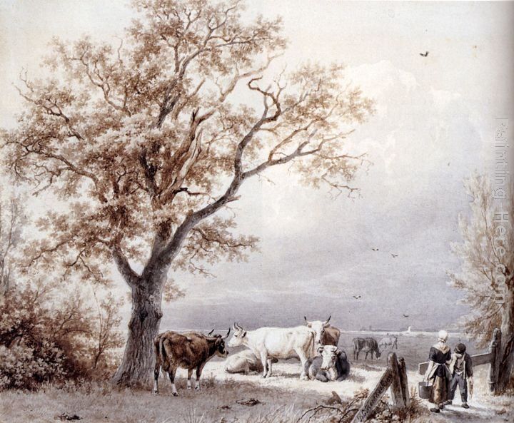 Barend Cornelis Koekkoek Cows In A Sunlit Meadow